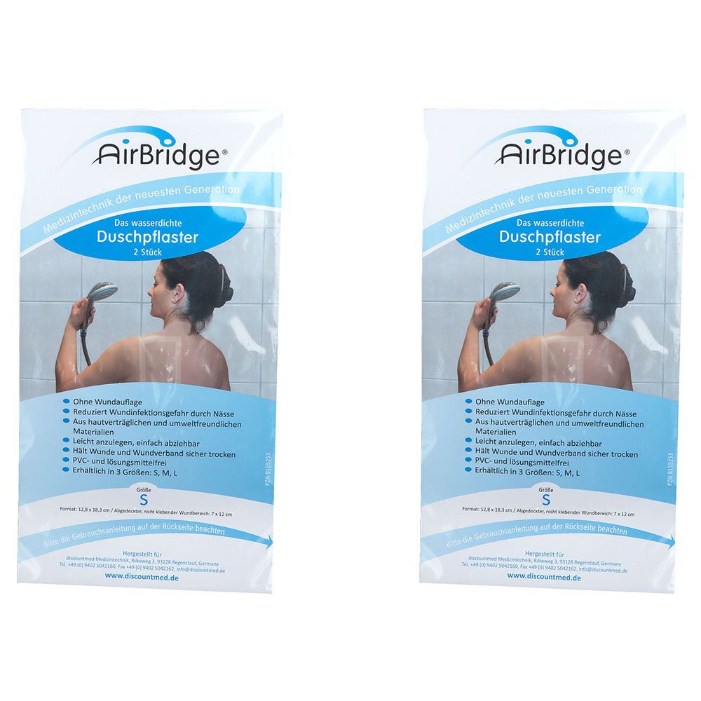 Verpackung mit zwei Duschpflastern. Marke AirBridge. Aufdruck: Duschpflaster, 2 Stück. Abbildung einer Frau unter der Dusche.