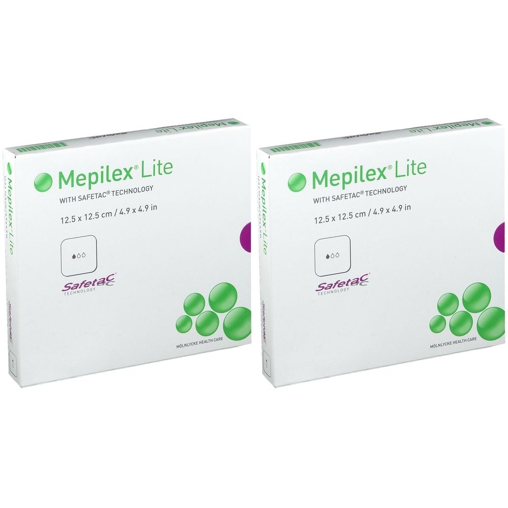 Zwei Kartons Mepilex Lite. Aufdruck: 12,5 x 12,5 cm, Safetac Technologie. Grün-weiße Verpackung mit grünen Kreisen und lila Akzent.
