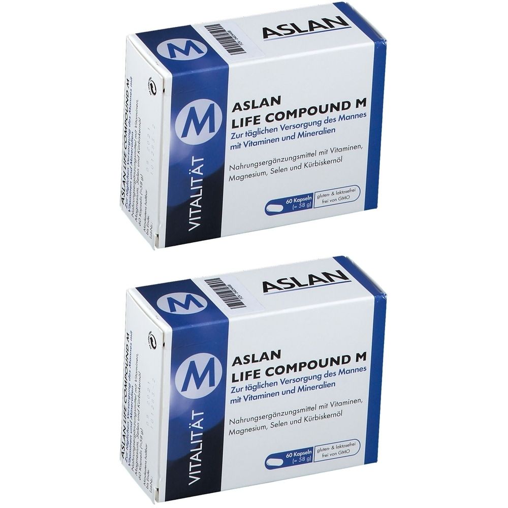 Zwei Schachteln mit ASLAN LIFE COMPOUND M. Aufschrift: Zur täglichen Versorgung des Mannes mit Vitaminen und Mineralien. 60 Kapseln.