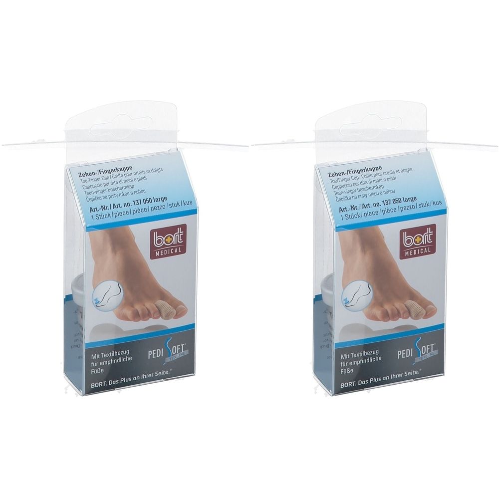 Zwei Packungen BORT PediSoft TexLine Zehen-/Fingerkappe Gr. L. Jede Packung zeigt ein Fußbild und das Logo BORT MEDICAL.