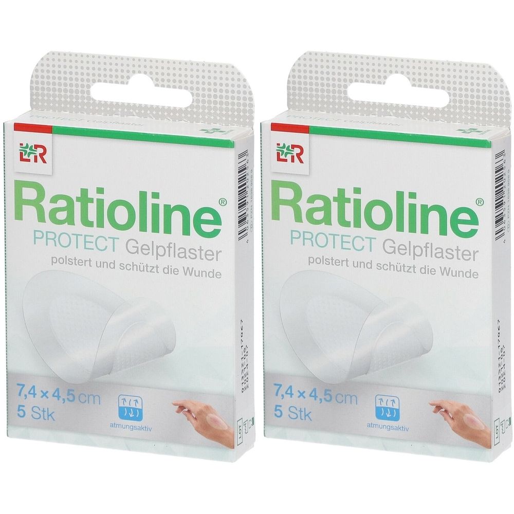 Zwei Packungen Ratioline PROTECT Gelpflaster. Weiße Verpackung mit Produktnamen und Größenangabe 7,4x4,5 cm, 5 Stück. Logo und Text in Grün.