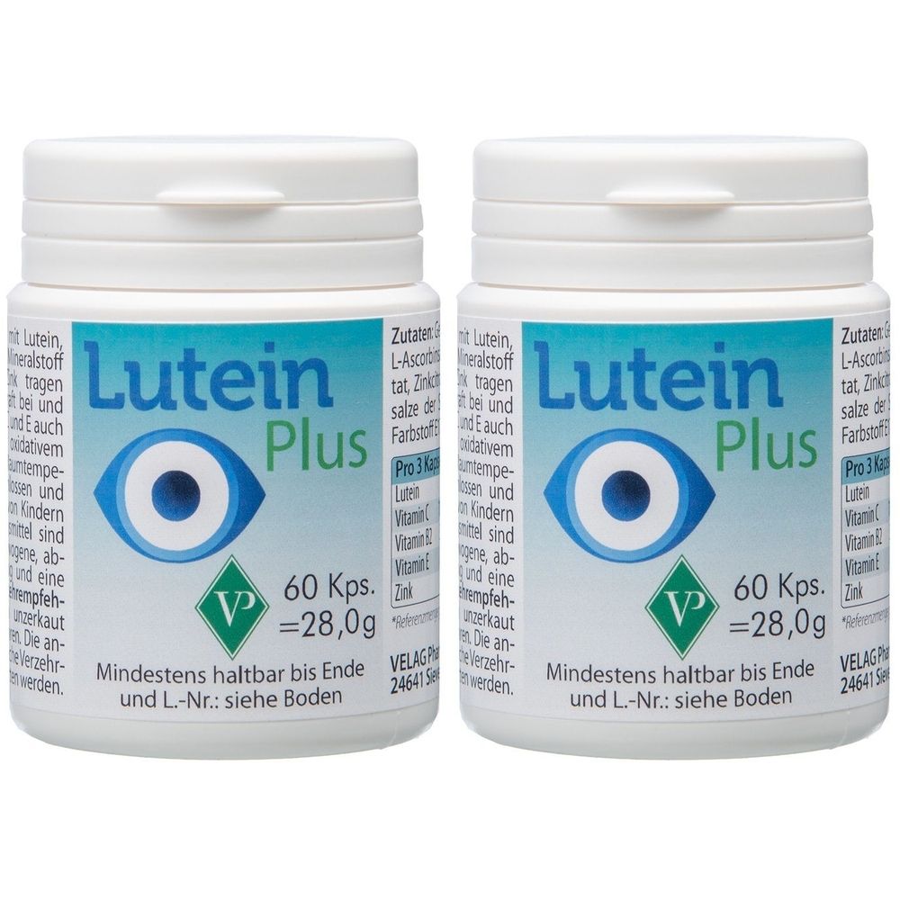 Zwei weiße Flaschen mit blau-weißem Etikett. Aufschrift: Lutein Plus. Mit Augen-Symbol. Enthält 60 Kapseln.