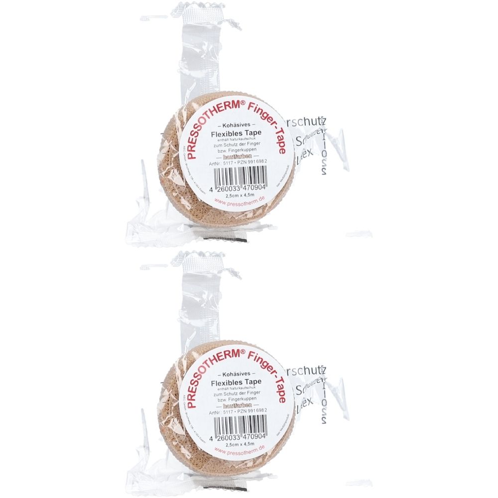 Zwei Rollen Finger-Tape, hautfarben, in Folienverpackung. Aufdruck: PRESSOTHERM Finger-Tape, flexibles Tape.