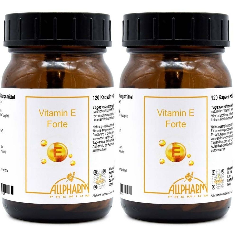 Zwei braune Glasflaschen mit schwarzen Deckeln. Auf den Etiketten steht "Vitamin E Forte" und "ALLPHARM PREMIUM".