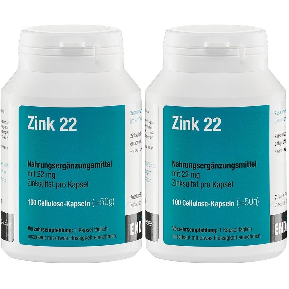 Zwei weiße Flaschen mit blau-weißem Etikett. Aufschrift: Zink 22, Nahrungsergänzungsmittel, 100 Cellulose-Kapseln. Marke END.