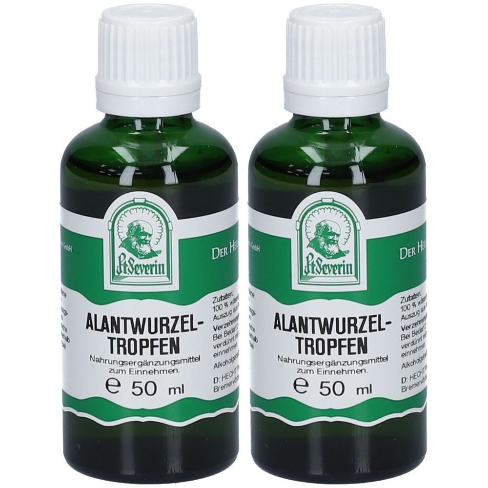 Zwei grüne Glasflaschen mit weißen Deckeln. Etiketten mit Text: ALANTWURZEL-TROPFEN, e 50 ml. Logo: St. Severin.
