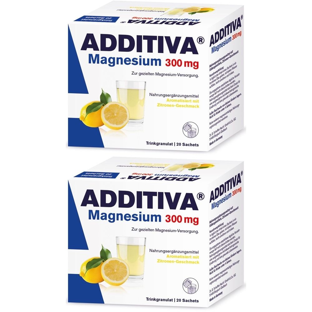 Zwei Kartons ADDITIVA Magnesium 300 mg. Aufdruck mit Produktname, Dosierung, Zitrone und Glas. Trinkgranulat mit Zitronengeschmack.