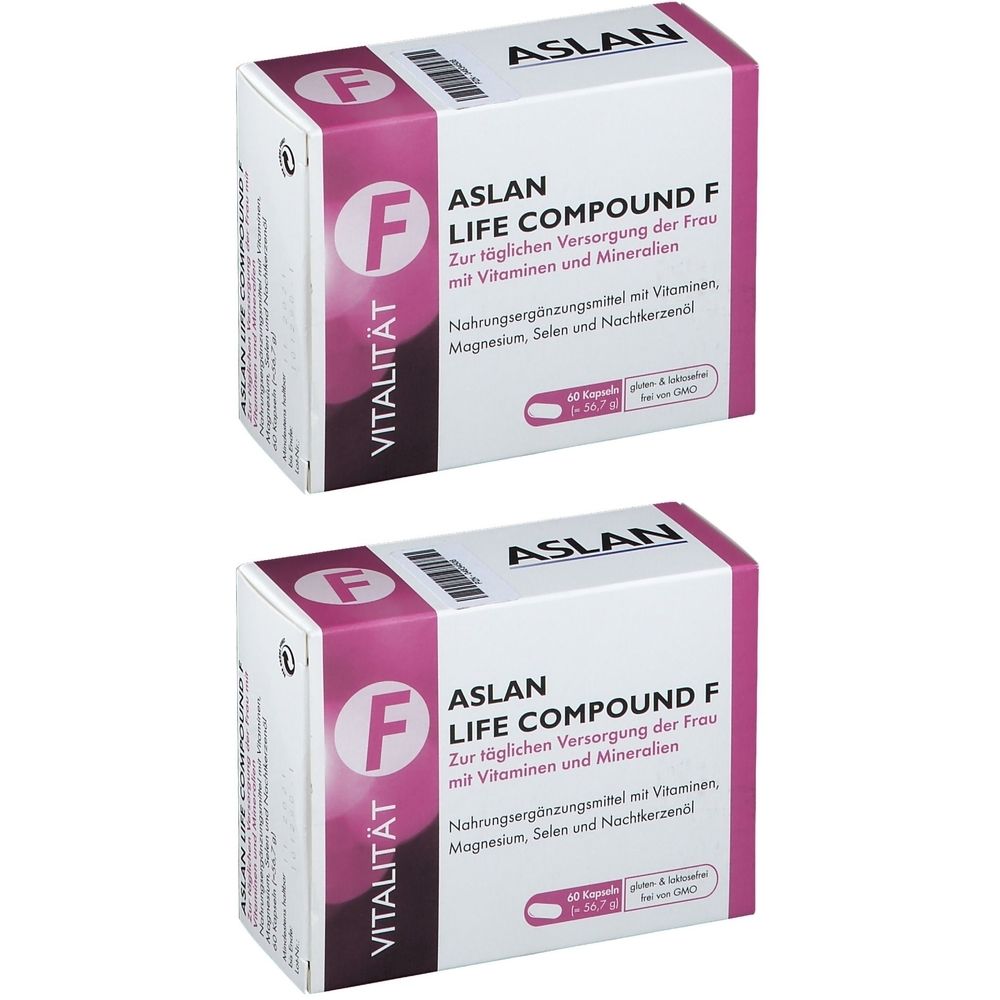 Zwei rechteckige Kartons mit der Aufschrift ASLAN LIFE COMPOUND F. Aufdruck: Vitalität, F-Logo, 60 Kapseln.