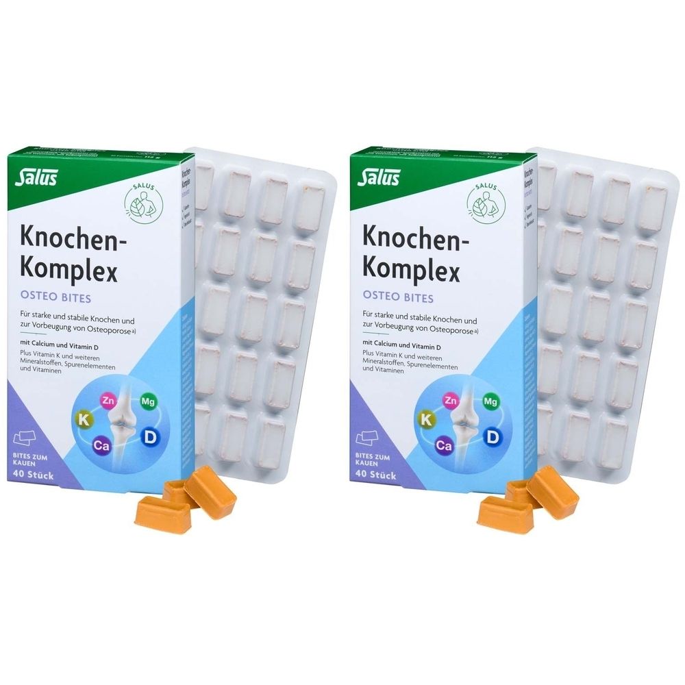 Zwei Packungen Salus Knochen-Komplex Osteo Bites. Jede Packung enthält Tabletten und 40 Stück. Aufschrift: K, Zn, Mg, Ca, D.