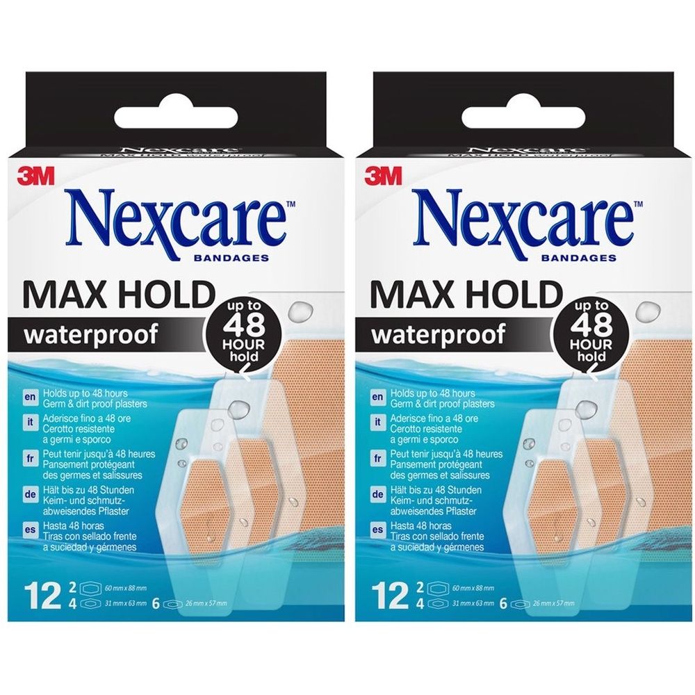 Zwei Packungen Nexcare Max Hold Pflaster. Aufschrift: waterproof, bis zu 48 Stunden Halt. Enthält 12 Pflaster, verschiedene Größen.