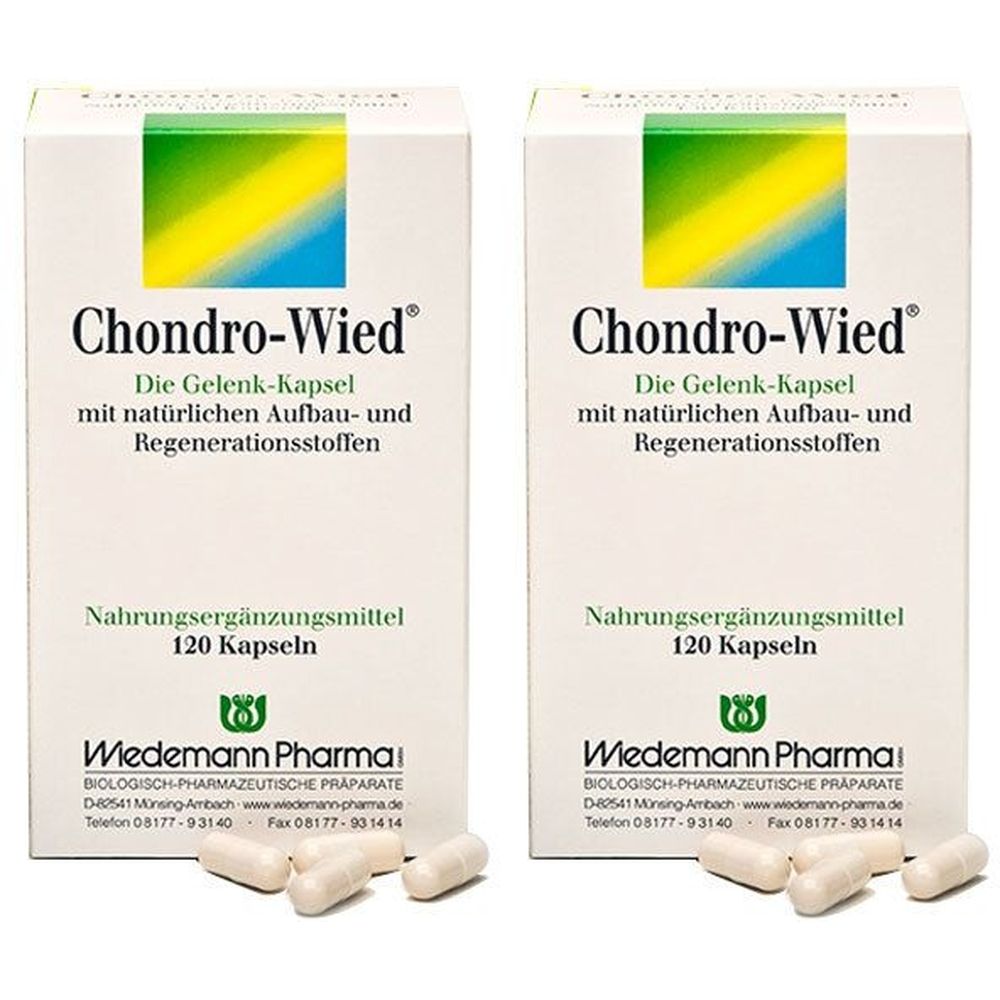 Zwei Schachteln mit Kapseln. Aufschrift: Chondro-Wied, Nahrungsergänzungsmittel, 120 Kapseln. Wiedemann Pharma Logo.