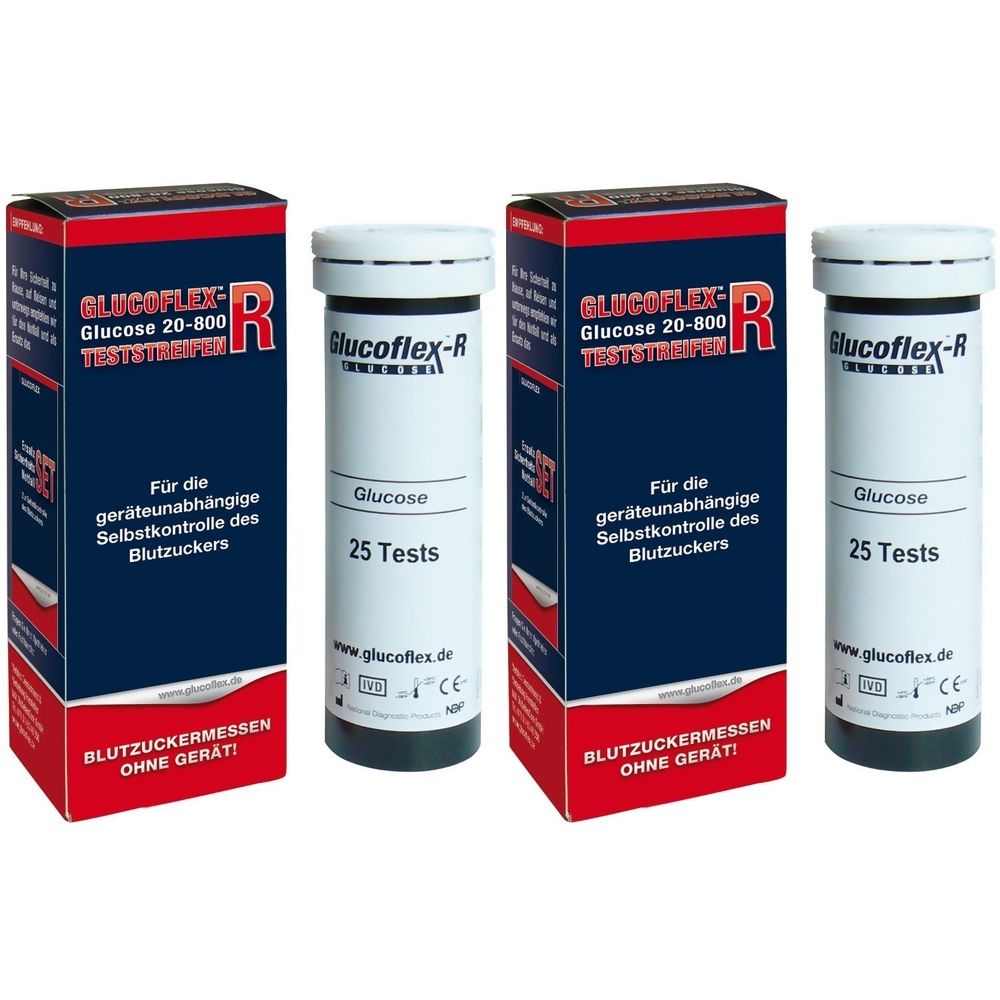 Zwei Packungen und zwei Teststreifen-Behälter. Auf den Packungen steht GLUCOFLEX-R, Glucose 20-800 Teststreifen. Auf den Behältern steht Glucoflex-R, Glucose, 25 Tests.
