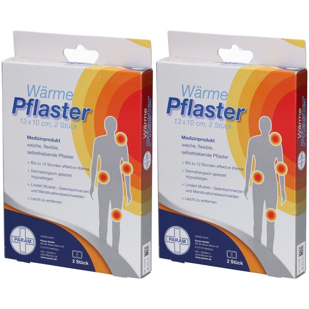 Zwei Packungen Wärmepflaster. Aufdruck: "Wärme Pflaster", 13x10 cm, 2 Stück. Marke PARAM. Medizinprodukt. Abbildung eines menschlichen Körpers mit roten Kreisen.
