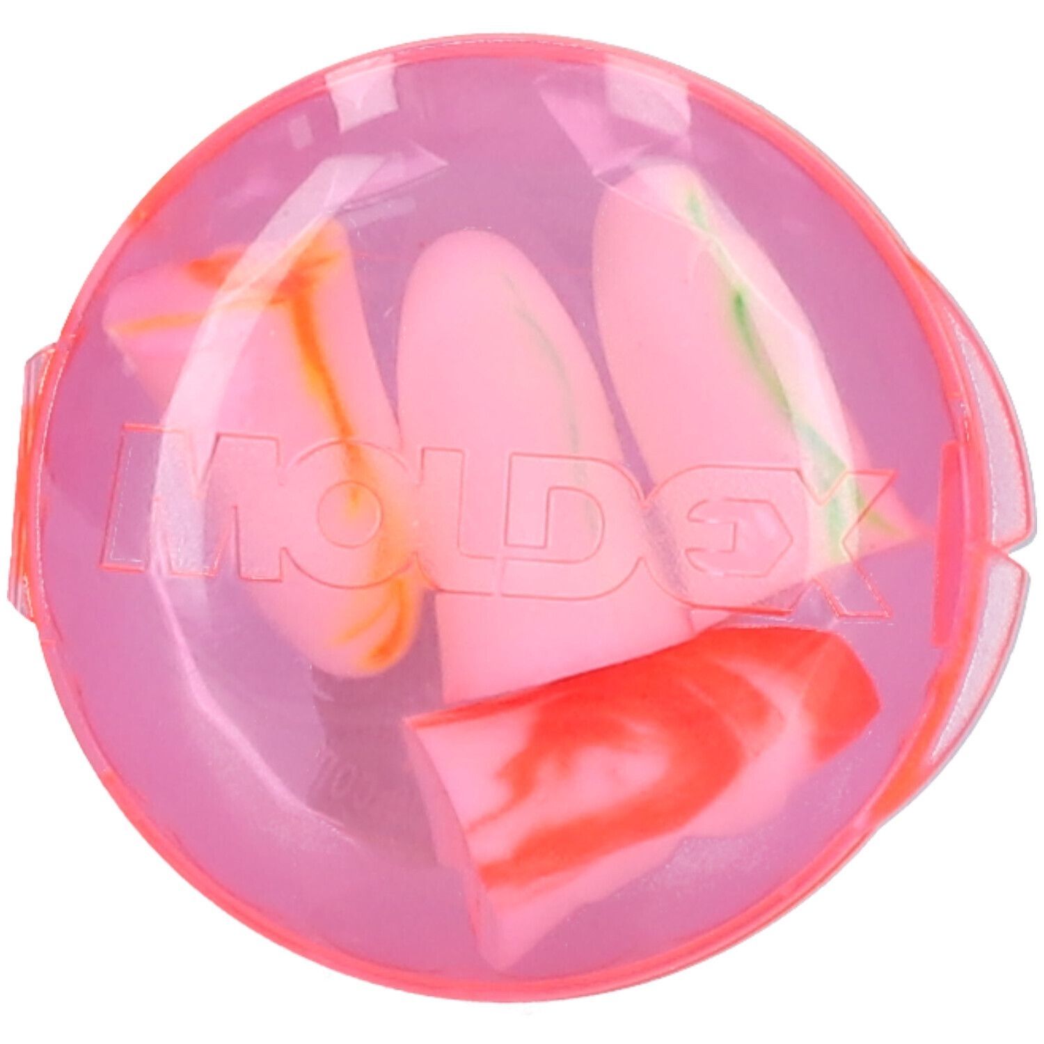 Rosa Ohrstöpsel in einer transparenten, runden Dose. Auf der Dose steht "MOLDEX". Die Ohrstöpsel sind rosa und orangefarben.