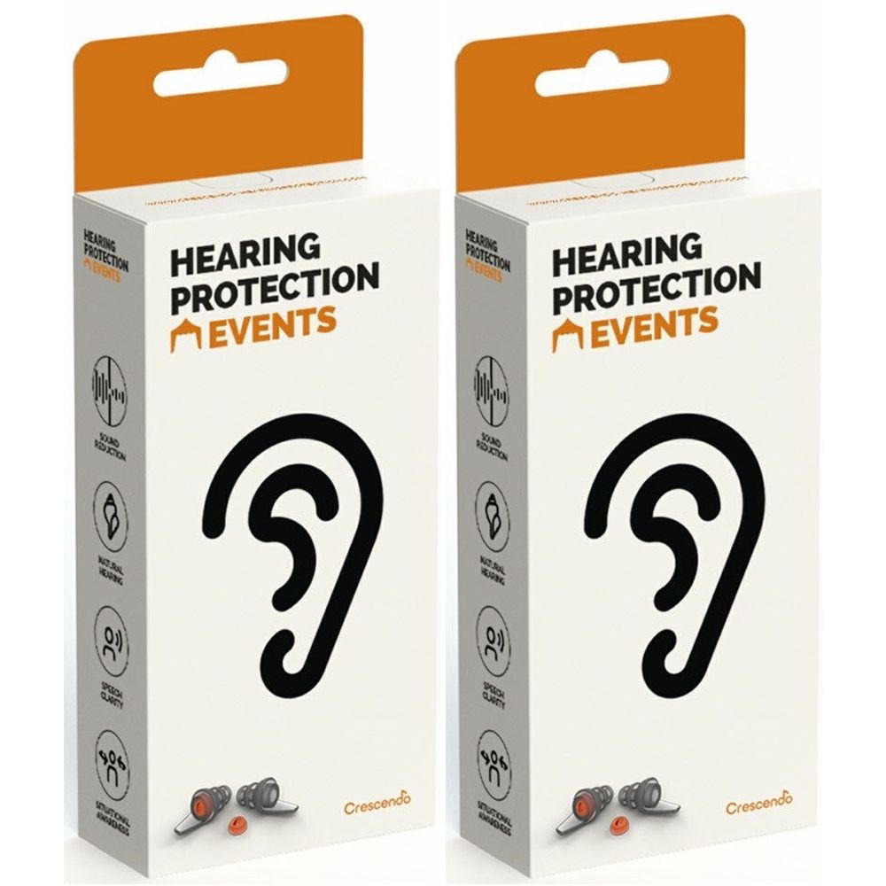 Zwei weiße Kartons mit orangefarbenen Aufhängern. Aufdruck: HEARING PROTECTION EVENTS, Ohr-Symbol, Crescendo-Logo und Piktogramme.