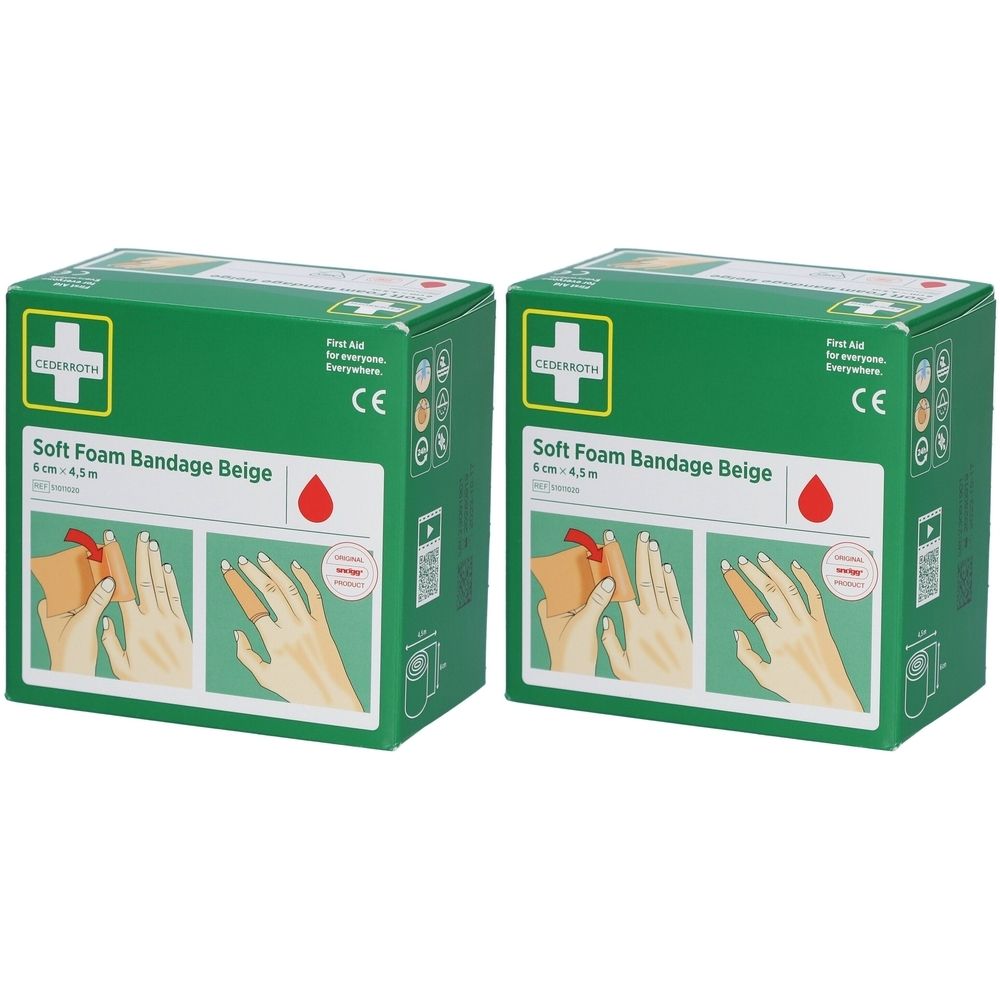 Zwei grüne Kartons mit Verband. Aufschrift: Soft Foam Bandage Beige, 6 cm x 4,5 m. CE-Kennzeichnung. Illustrationen zur Anwendung.