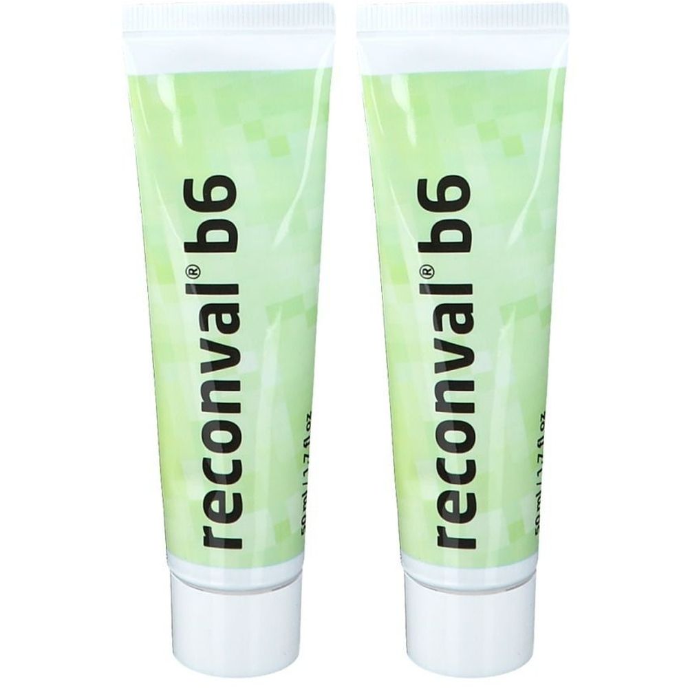 Zwei Tuben mit grüner Creme. Auf jeder Tube steht "reconval® B6". Die Tuben haben weiße Verschlüsse.