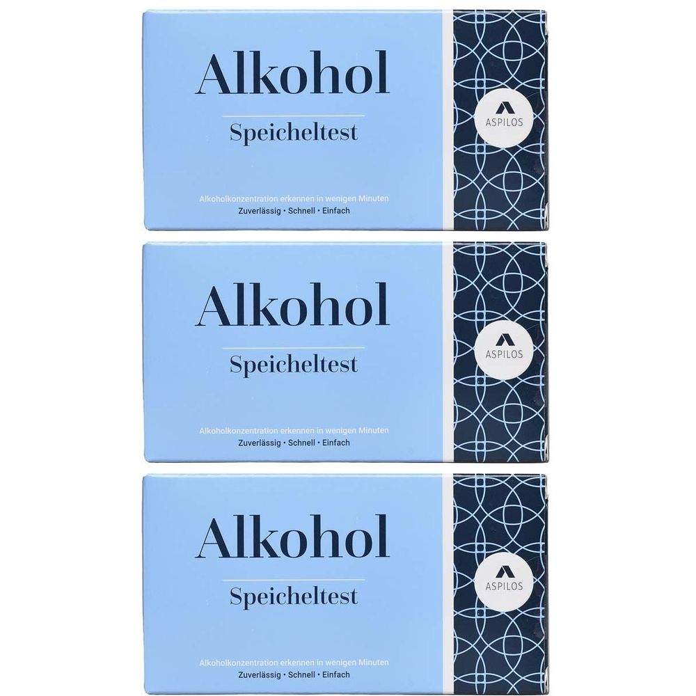 Drei hellblaue Schachteln mit der Aufschrift "Alkohol Speicheltest". Auf der Seite Logo von Aspilos.