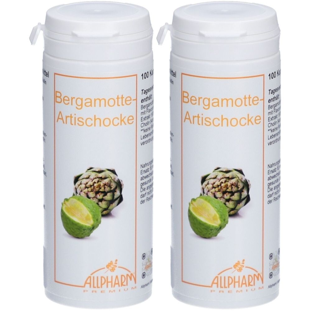 Zwei weiße Flaschen mit Deckel. Aufschrift: Bergamotte-Artischocke. Abbildung von Bergamotte und Artischocke. Marke: ALLPHARM.