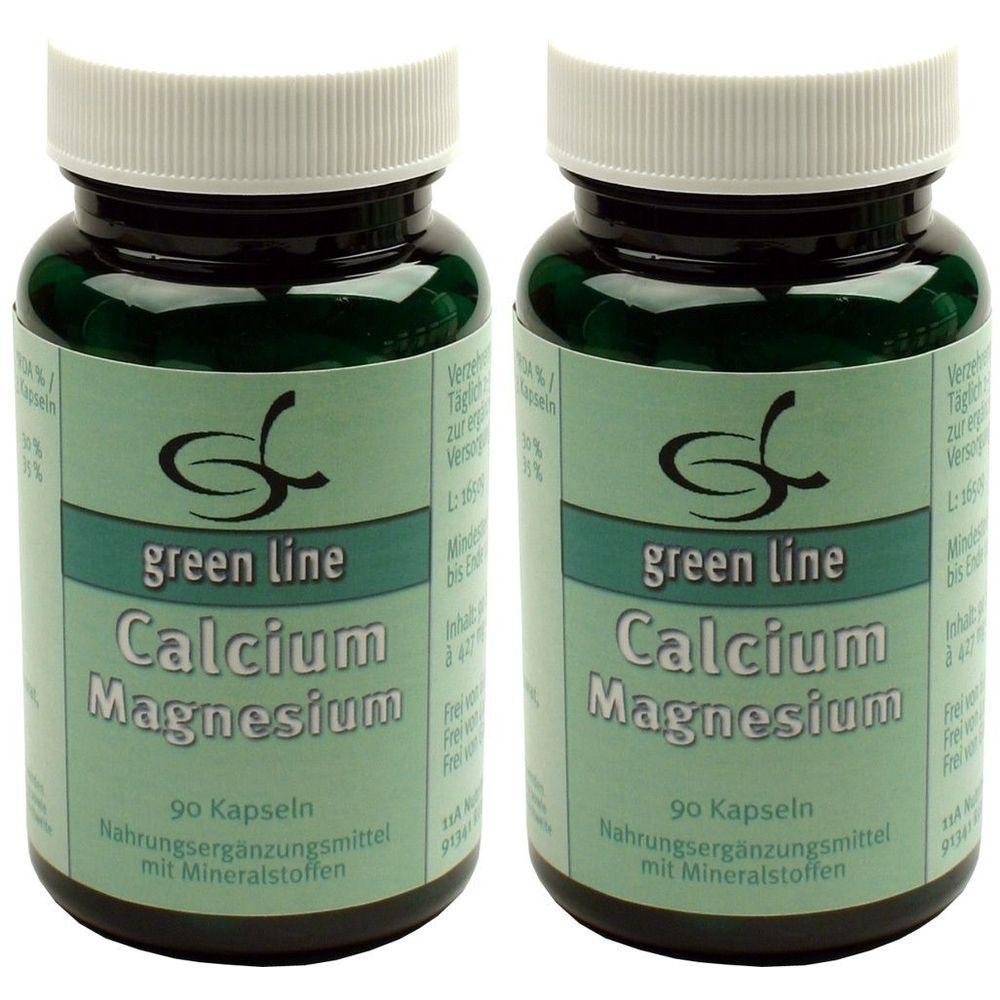 Zwei grüne Flaschen mit weißem Deckel. Auf dem Etikett steht "green line Calcium Magnesium" und "90 Kapseln". Nahrungsergänzungsmittel.