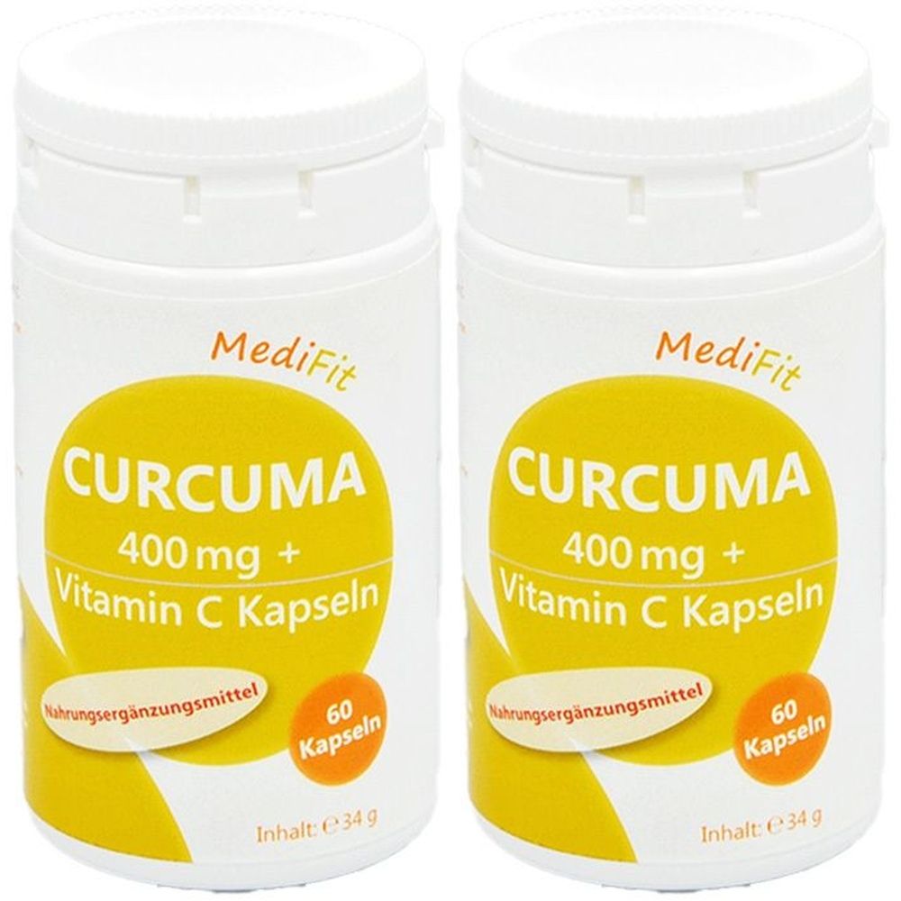 Zwei weiße Flaschen mit gelben Etiketten. Aufschrift: Curcuma 400 mg + Vitamin C Kapseln. Marke: MediFit. 60 Kapseln.