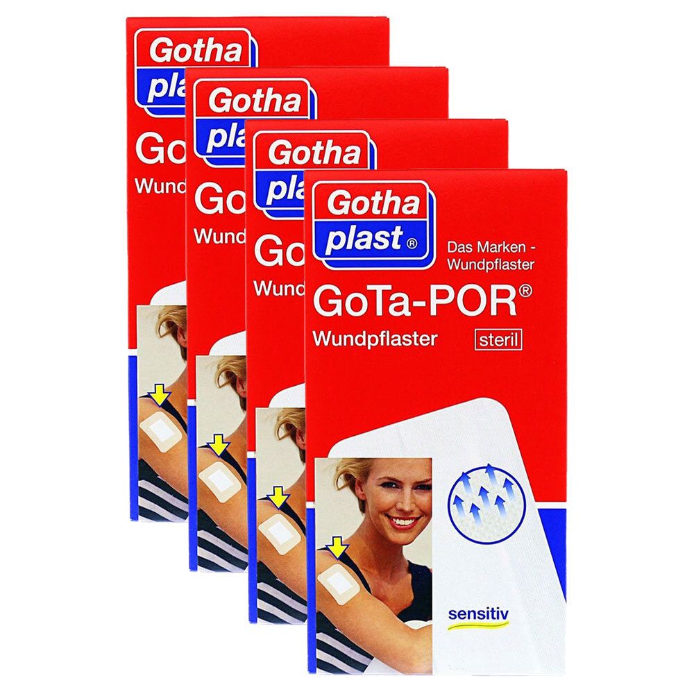 Mehrere Packungen Gotha plast GoTa-POR Wundpflaster. Rote Verpackung mit Produktnamen und Abbildung einer Frau mit Pflaster.