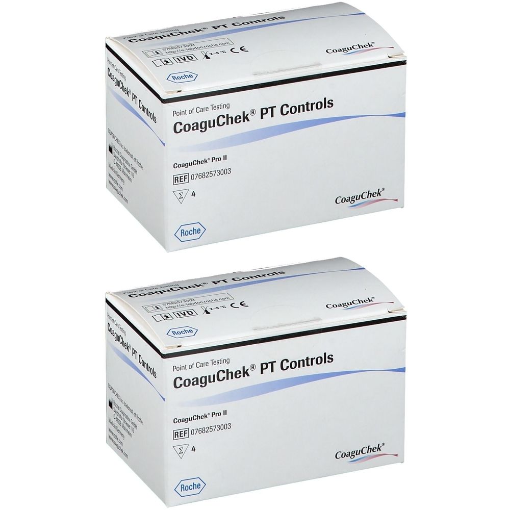 Zwei weiße Kartons mit der Aufschrift CoaguChek PT Controls. Aufdrucke: Roche, CE-Zeichen, IVD.