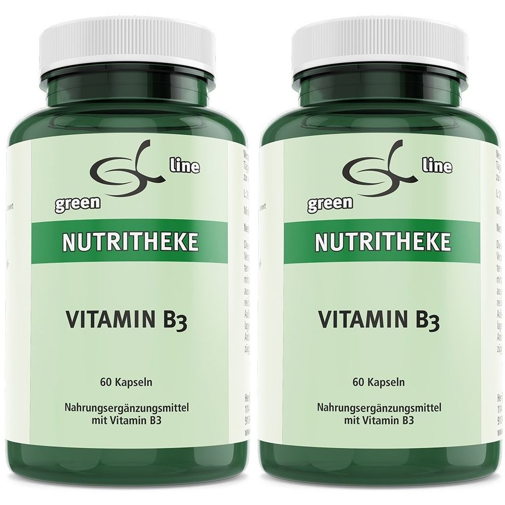 Zwei grüne Flaschen mit weißem Deckel. Aufschrift: green line NUTRITHEKE Vitamin B3. Enthält 60 Kapseln. Nahrungsergänzungsmittel.