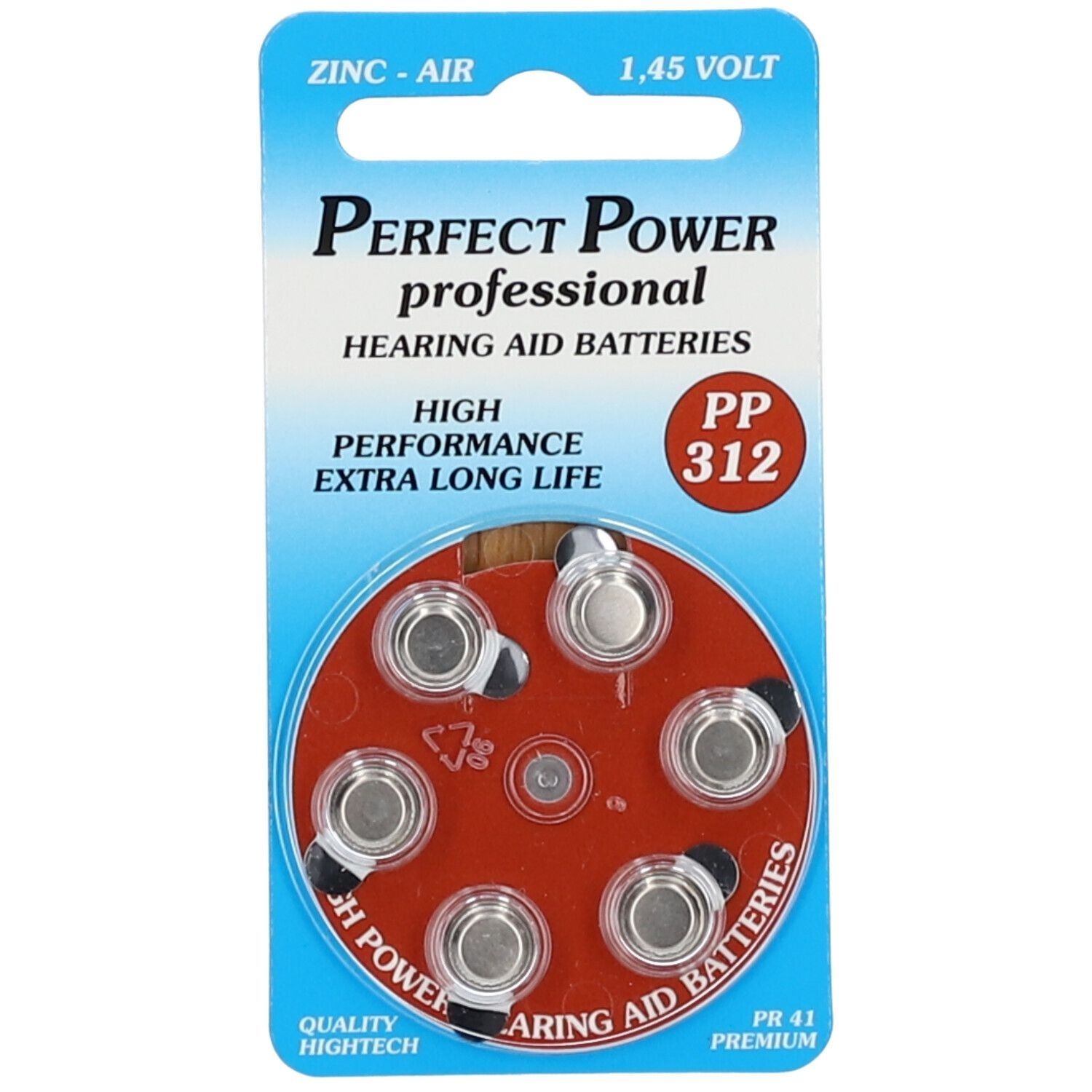 Blisterpackung mit Hörgerätebatterien PP312. Sechs Batterien in einer roten Halterung. Aufschrift: Perfect Power, 1,45 Volt.