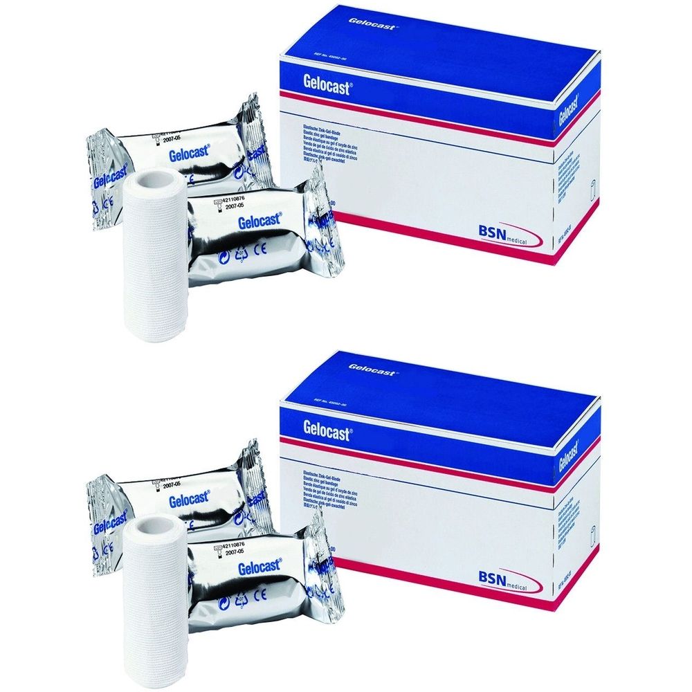 Zwei Kartons und mehrere einzeln verpackte Bandagen. Auf den Kartons steht "Gelocast". Die Bandagen sind weiß und zylindrisch.