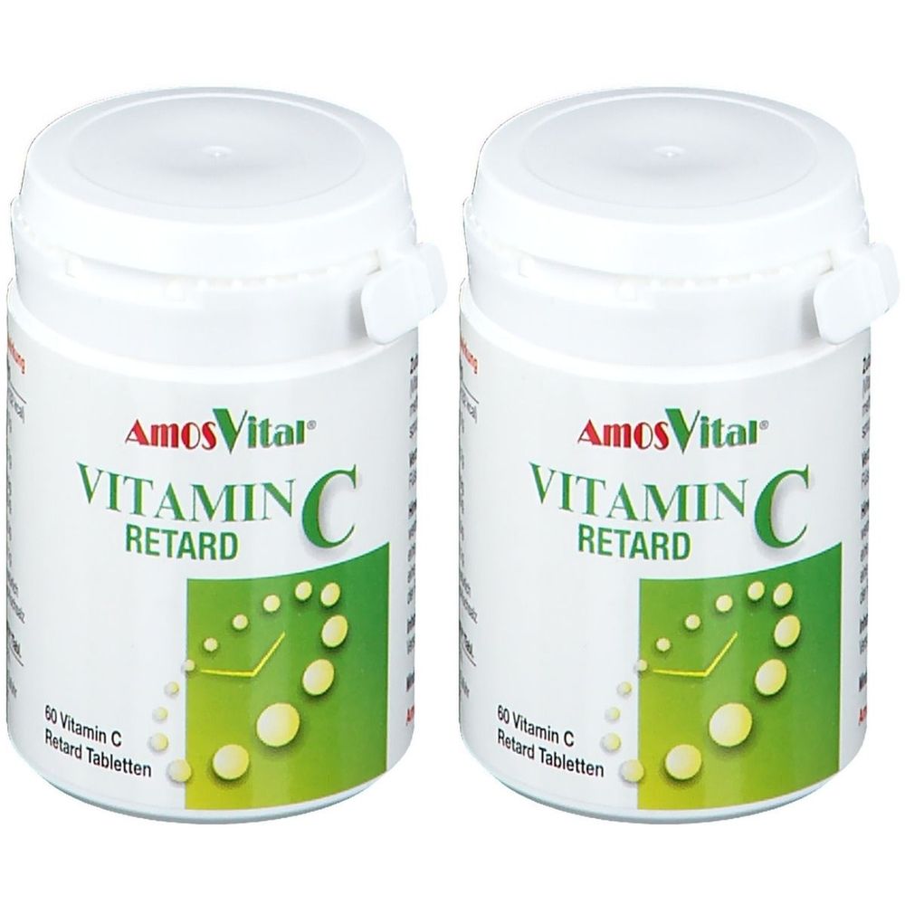 Zwei weiße Flaschen mit Deckel. Aufschrift: AmosVital Vitamin C Retard. Grüne und gelbe Grafik. Text: 50 Vitamin C Retard Tabletten.