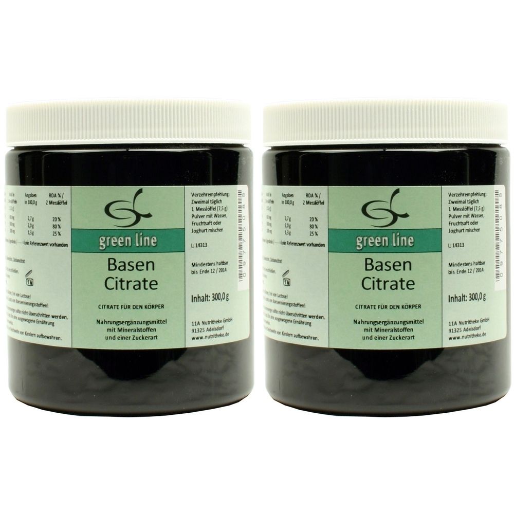 Zwei schwarze Dosen mit weißem Deckel. Auf dem Etikett steht "green line Basen Citrate".