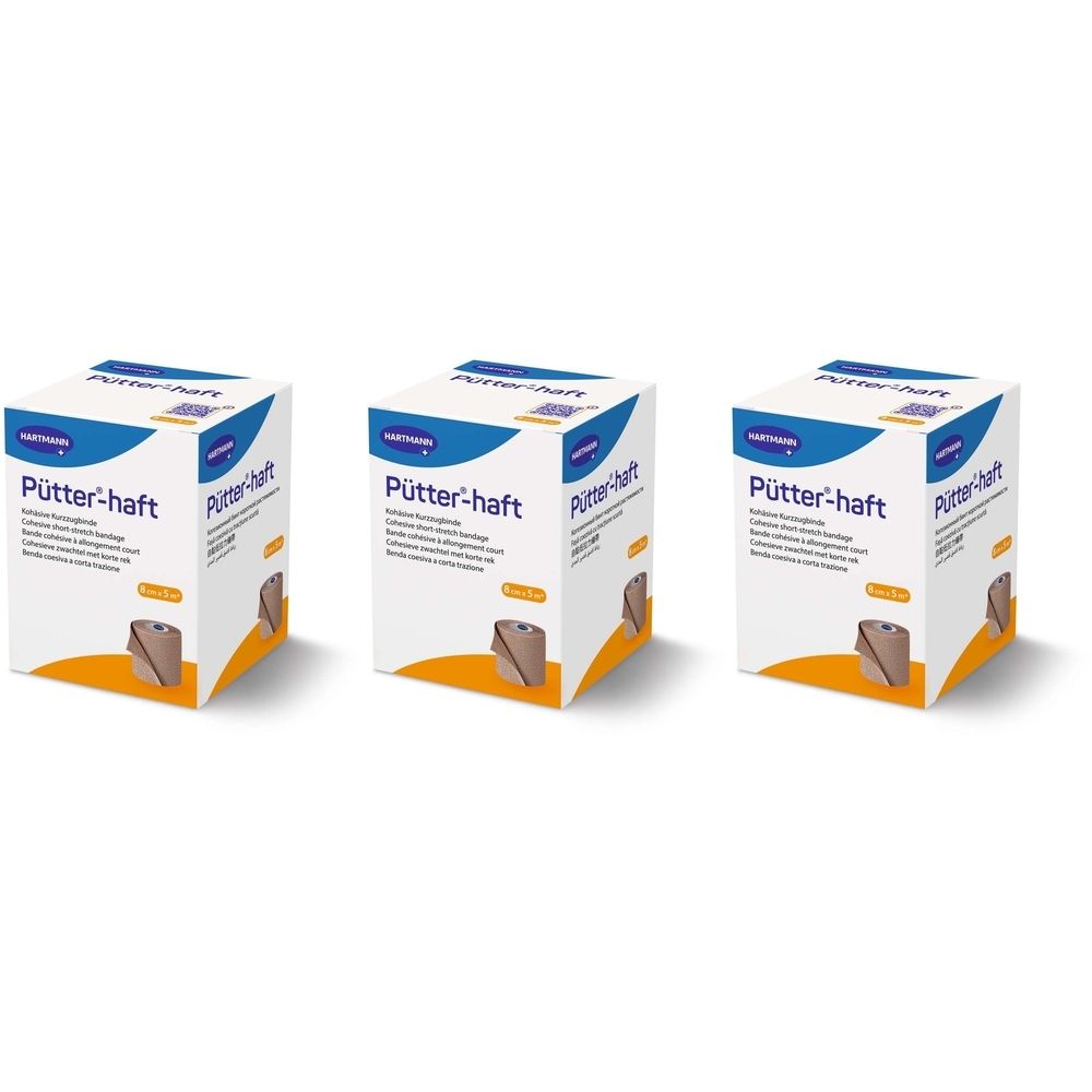 Drei Kartons Pütter-haft Binde. Weiße Verpackung mit blauem und gelbem Design. Aufdruck: Pütter-haft, Bandage.