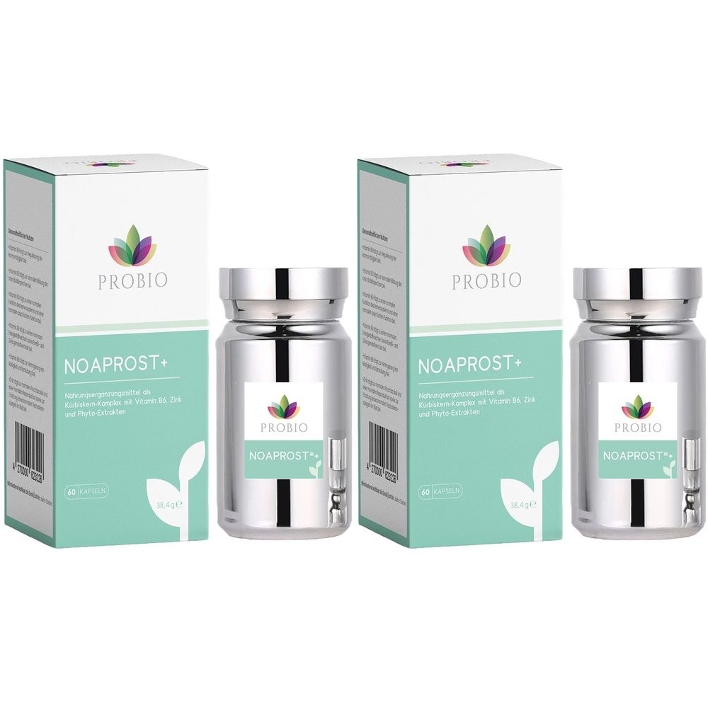 Zwei Flaschen und zwei Schachteln. Auf den Flaschen und Schachteln steht PROBIO NOAPROST+. Die Schachteln sind weiß und hellgrün.