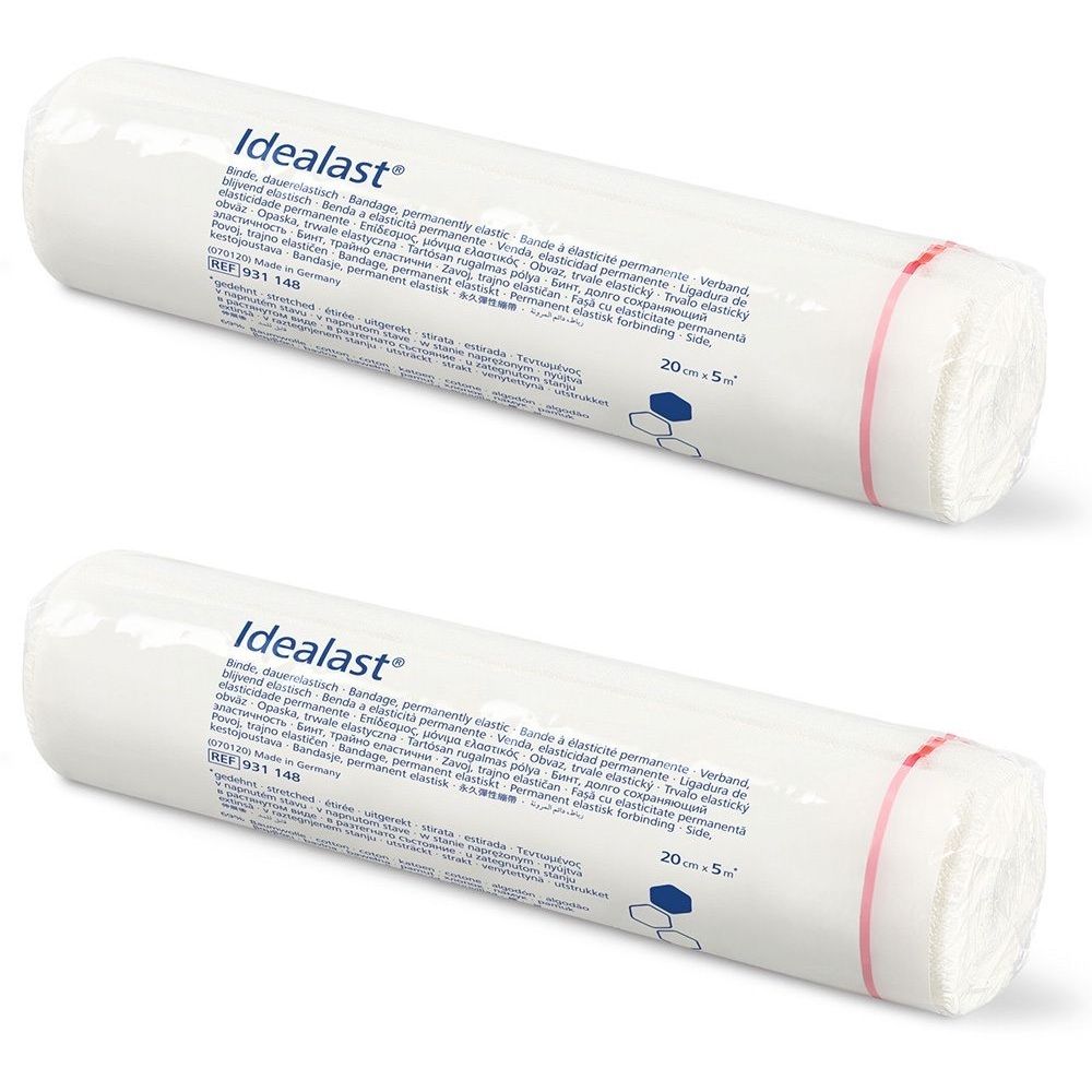Zwei Rollen Verband, weiß, mit Aufschrift Idealast. Aufschrift: 20 cm x 5 m. Verpackt in Folie.