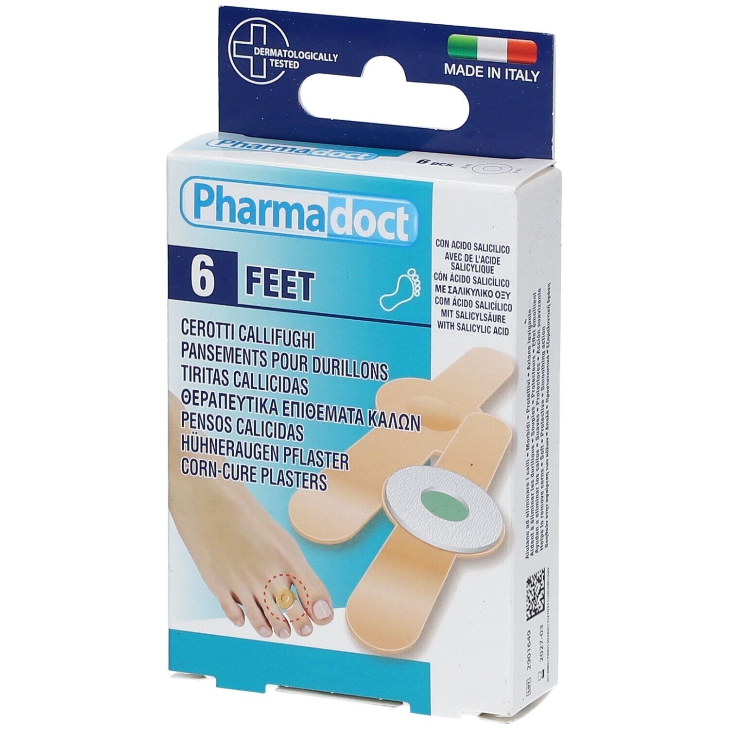Verpackung von Pharmadoct Feet Hühneraugenpflaster. Enthält 6 Pflaster. Mit Salicylsäure. Dermatologisch getestet. Hergestellt in Italien.