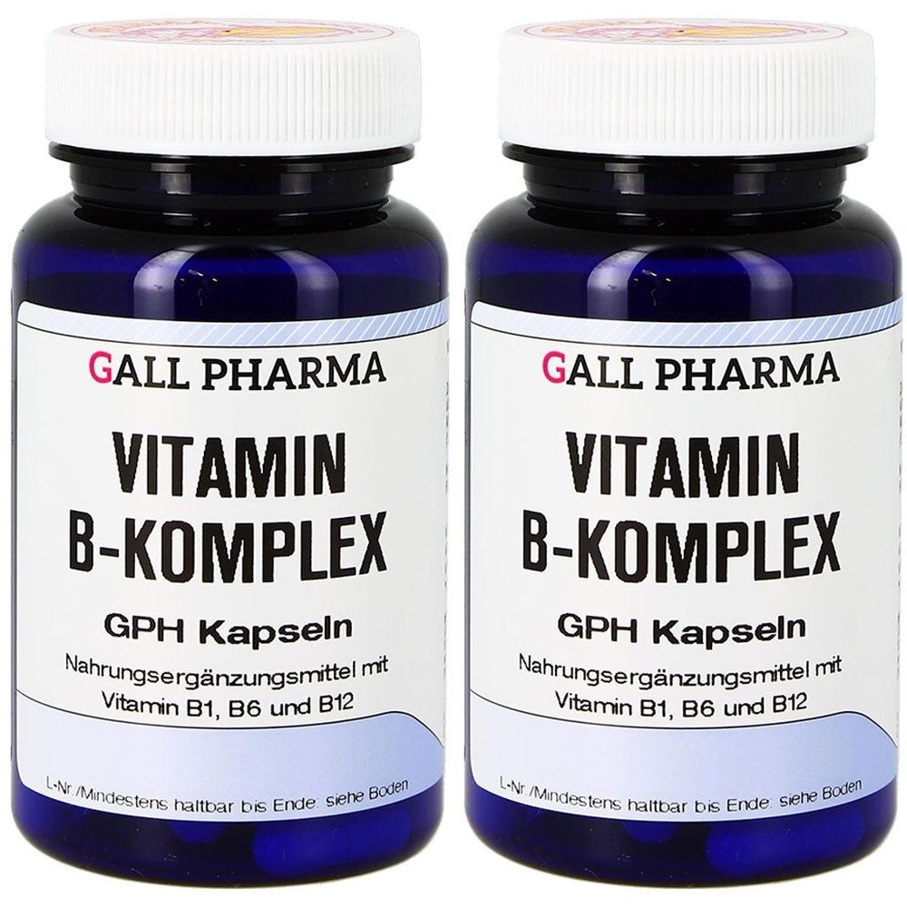 Zwei blaue Flaschen mit weißen Deckeln. Aufschrift: GALL PHARMA Vitamin B-Komplex GPH Kapseln. Nahrungsergänzungsmittel mit Vitamin B1, B6 und B12.
