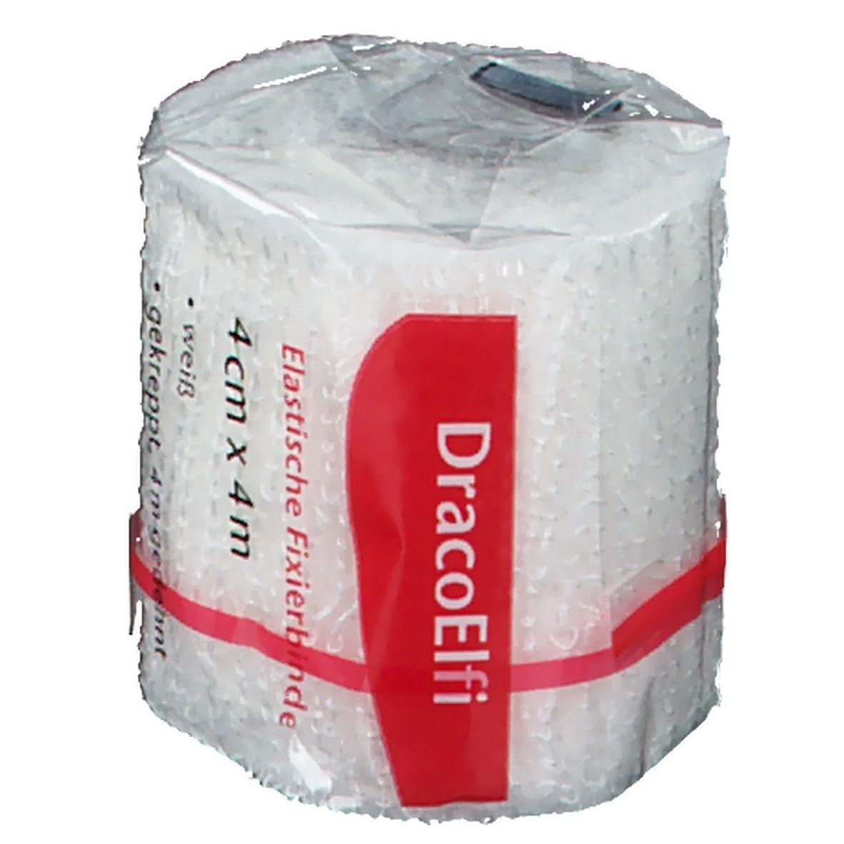 Elastische Fixierbinde, 4 cm x 4 m, weiß, cellophaniert. Rote Banderole mit "DracoElfi"-Logo. Verpackt in Folie.