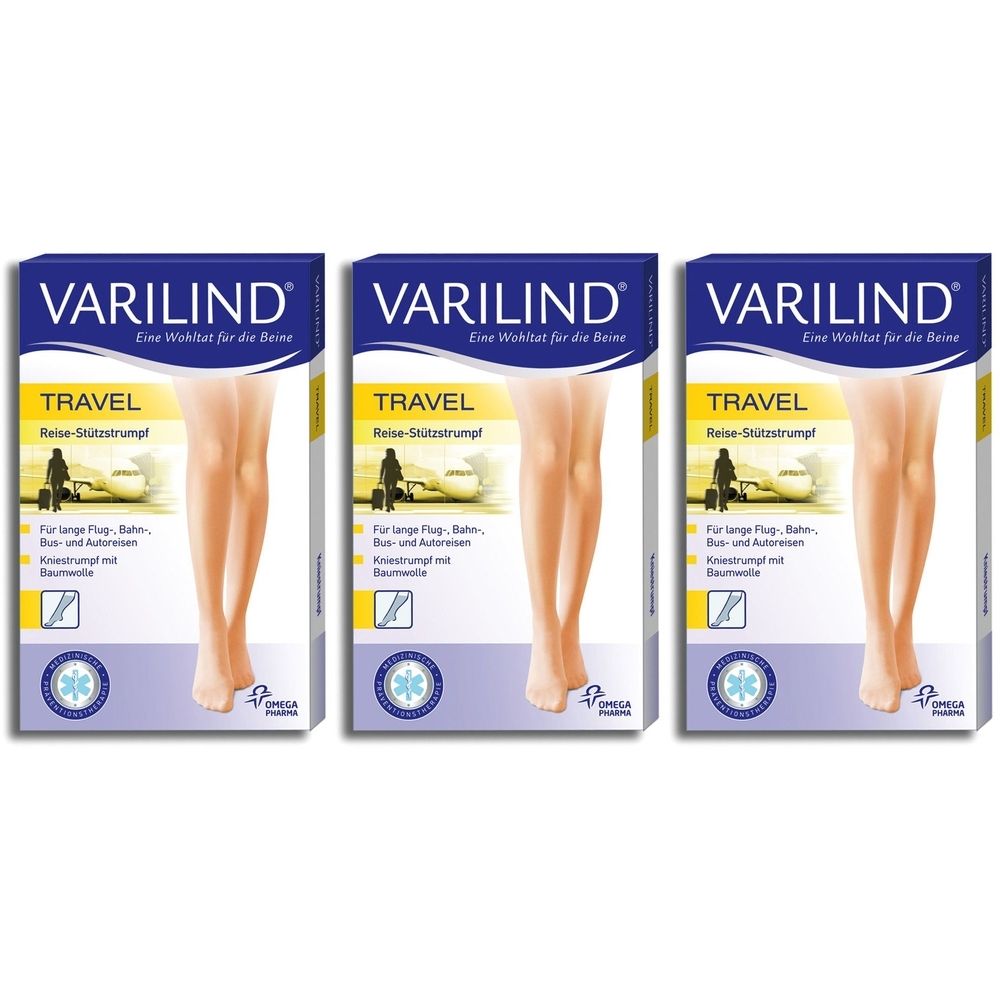 Drei Packungen VARILIND Travel Reise-Stützstrümpfe. Aufdruck: Bein-Illustration, Logo, Produktname, Text.