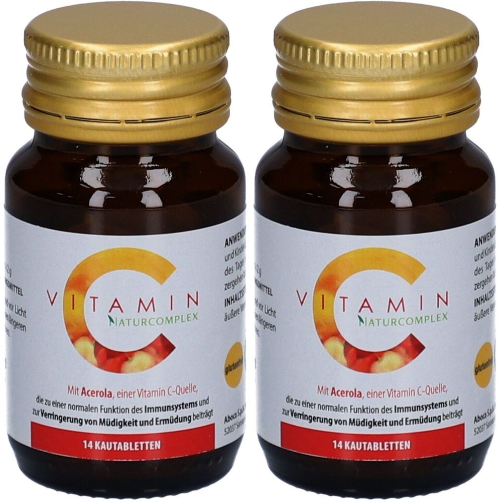 Zwei braune Glasflaschen mit goldfarbenen Deckeln. Auf den Etiketten steht "Vitamin C Naturcomplex" und "14 Kautabletten".