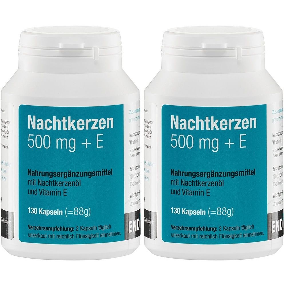 Zwei weiße Flaschen mit blauen Etiketten. Aufschrift: Nachtkerzen 500 mg + E, Nahrungsergänzungsmittel. 130 Kapseln.