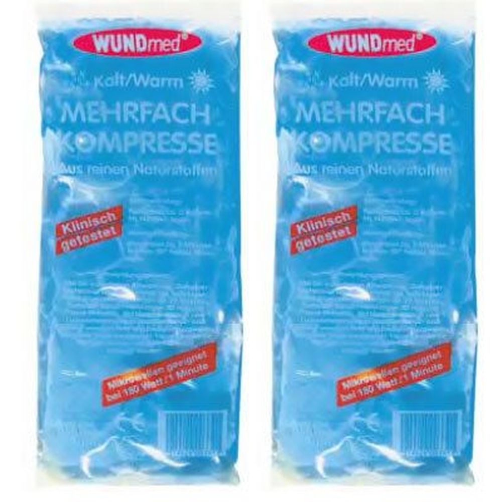 Zwei blaue Kompressen-Packungen. Aufschrift: WUNDmed, Kalt/Warm, Mehrfach Kompresse. Klinisch getestet. Mikrowellengeeignet.