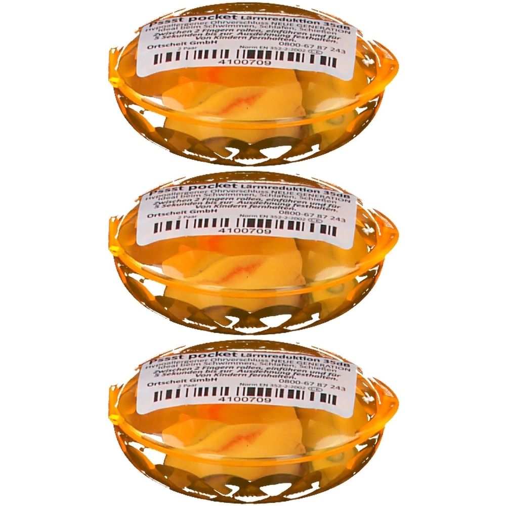 Drei ovale, transparente Behälter mit Ohrstöpseln. Jedes hat ein Etikett mit Text und Barcode. Orangefarbenes Gehäuse.