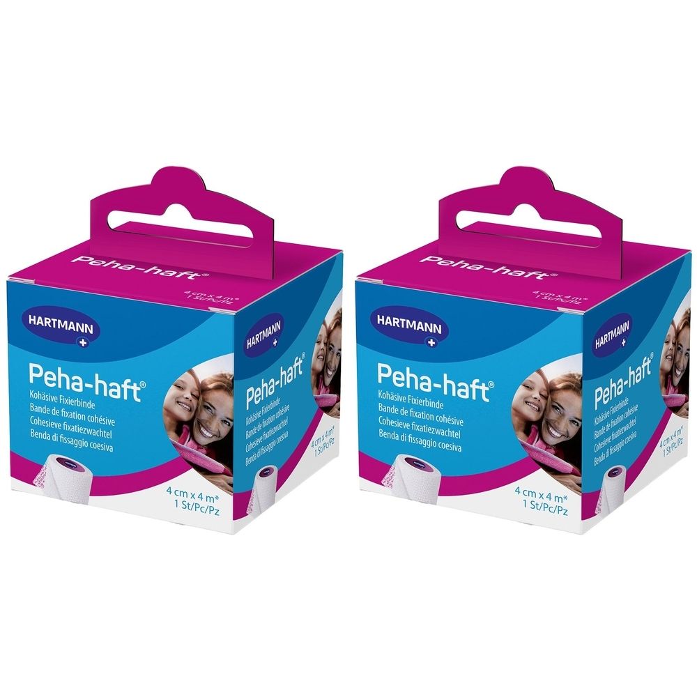 Zwei Kartons mit Peha-haft® latexfrei. Blaue und pinke Verpackung mit Produktnamen und Logo. Aufdruck: 4 cm x 4 m.