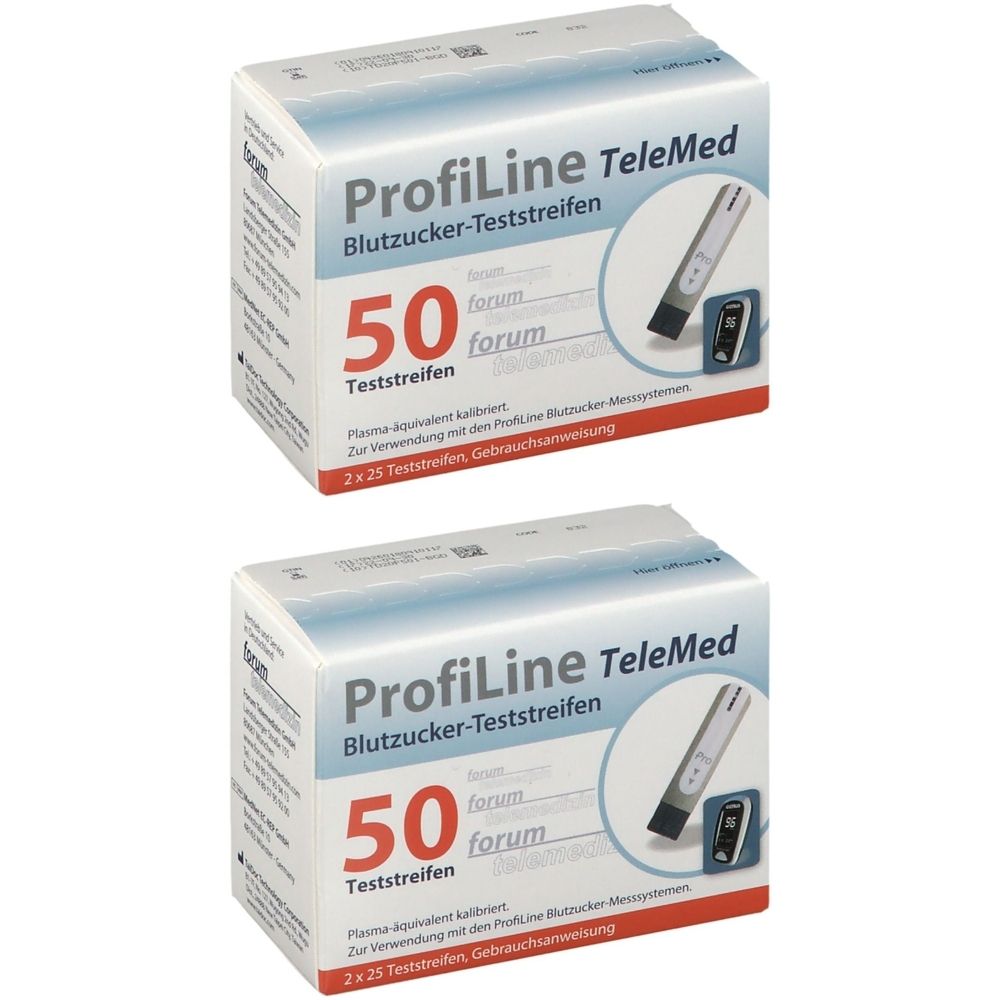 Zwei Packungen ProfiLine TeleMed Blutzucker-Teststreifen. Jede Packung enthält 50 Teststreifen. Aufdruck: 2x25 Teststreifen, Gebrauchsanweisung.