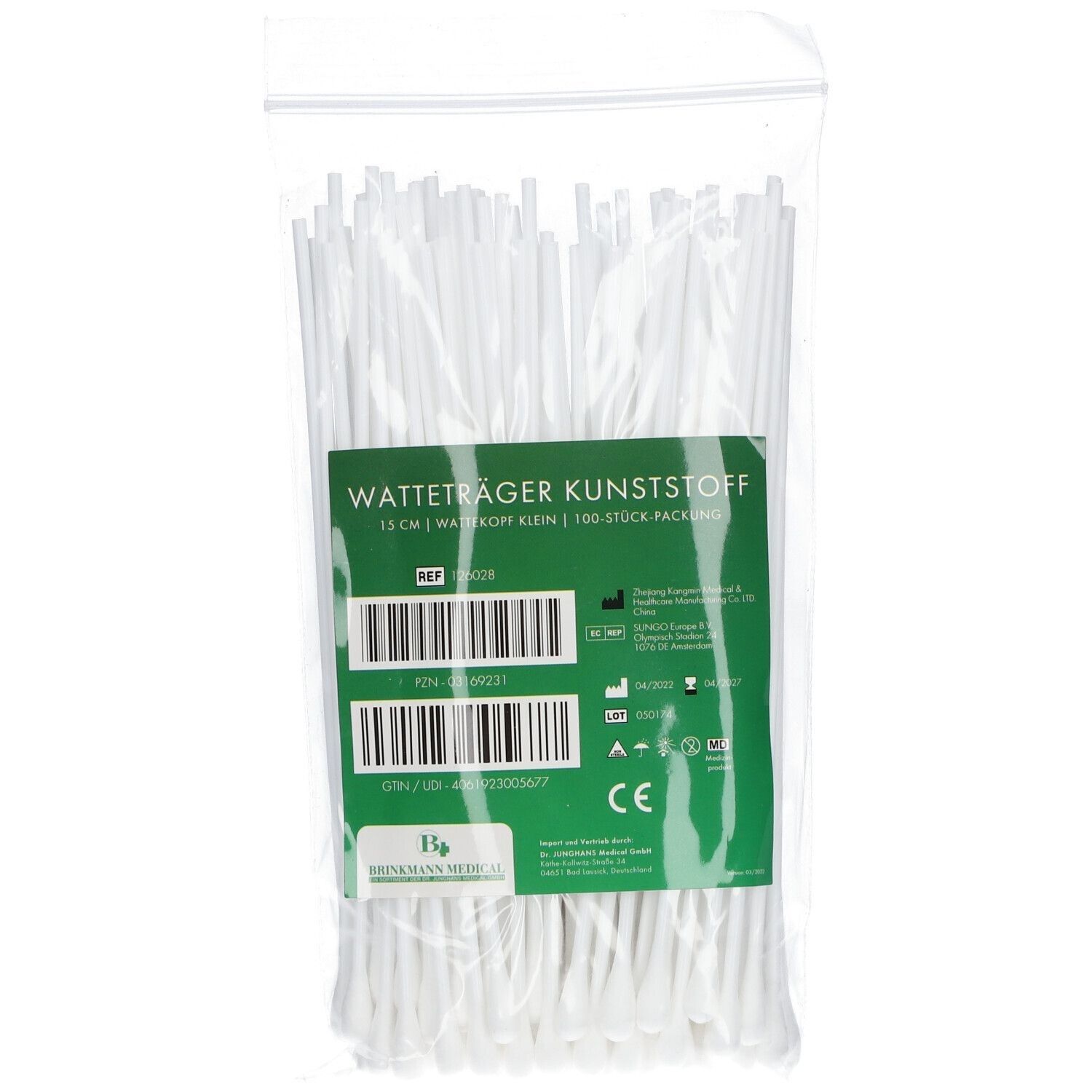 Verpackung mit Watteträgern aus Kunststoff. Aufdruck: Watteträger Kunststoff, 15 cm, kleiner Wattekopf, 100 Stück. Brinkmann Medical.