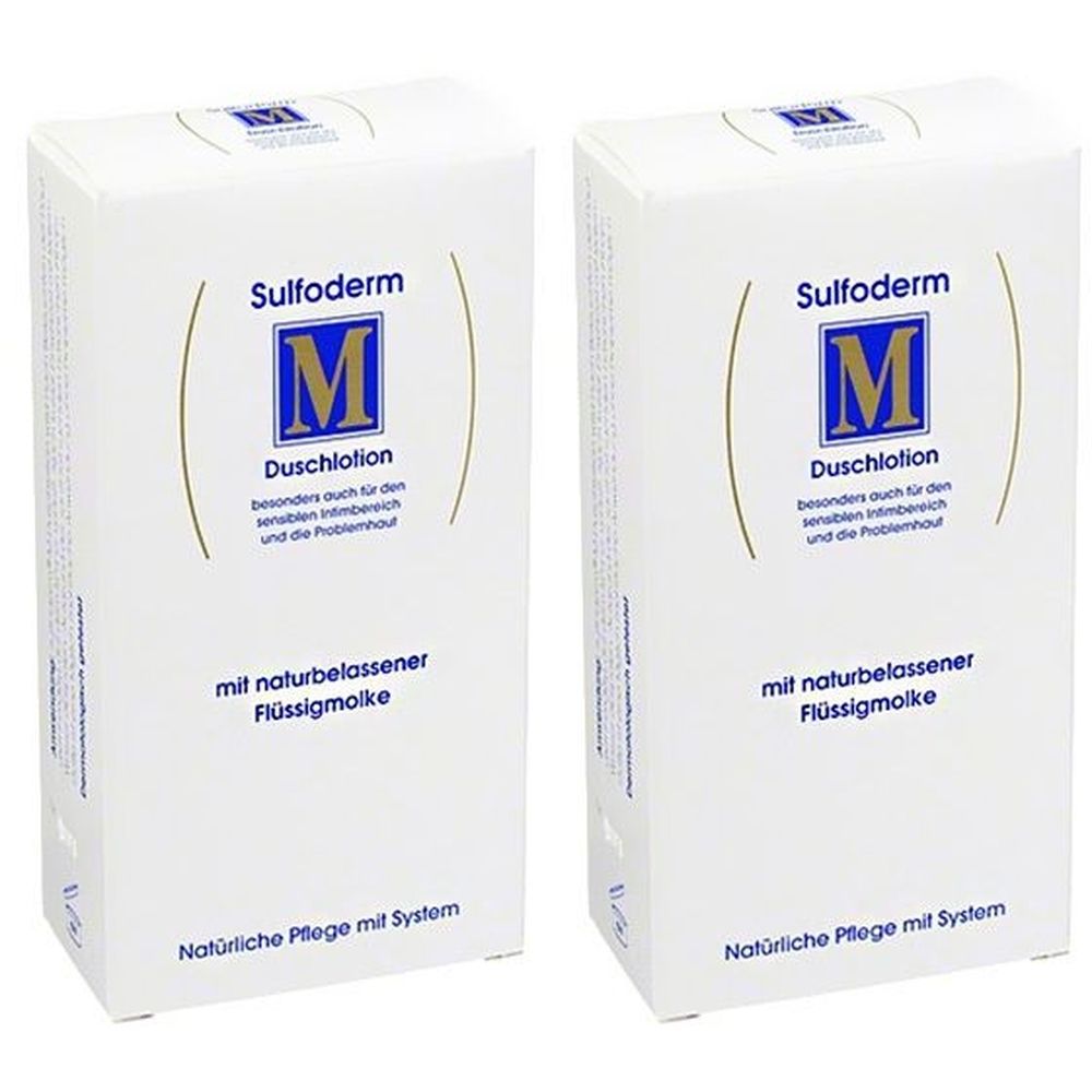 Zwei weiße Kartons mit Produktaufdruck. Aufschrift: Sulfoderm M Duschlotion, mit naturbelassener Flüssigmolke.