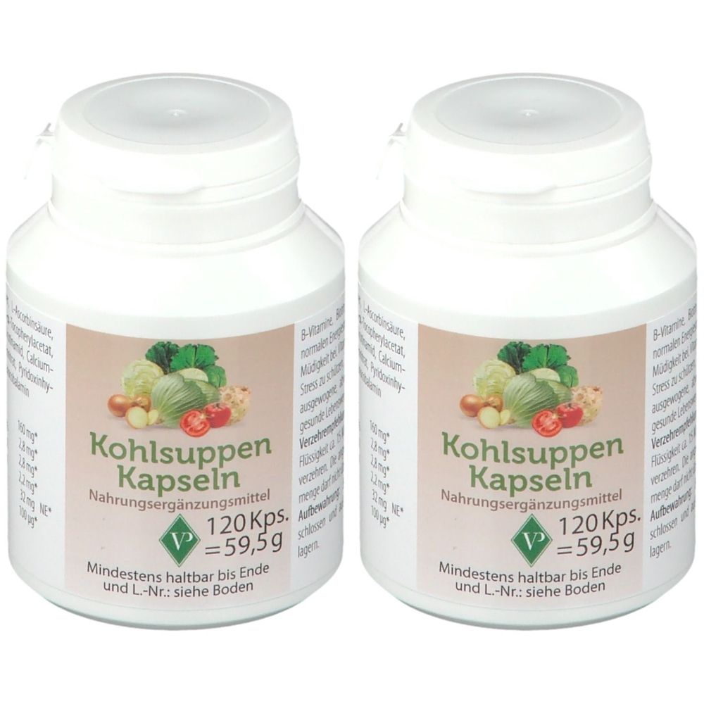 Zwei weiße Flaschen mit Deckel. Auf dem Etikett steht "Kohlsuppen Kapseln". Abbildung von Gemüse. Text: 120 Kps. Nahrungsergänzungsmittel.