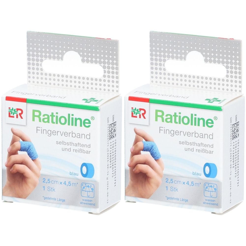 Zwei Packungen Ratioline Fingerverband. Weiße Schachtel mit blauem Verband, 2,5cm x 4,5m. Aufdruck: selbsthaftend und reißbar.