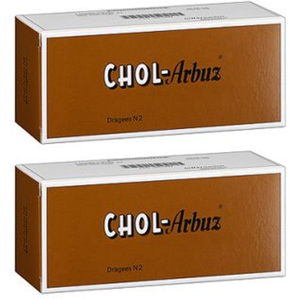 Zwei rechteckige braune Schachteln mit weißem Deckel. Aufschrift: CHOL-Arbuz, Dragees N2.